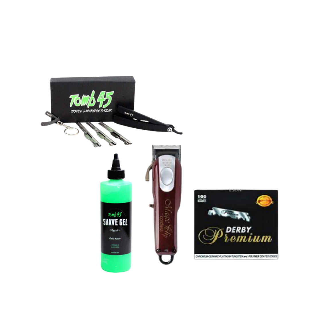 WAHL CORDLESS MAGIC CLIP, TOMB45 STRAIGHT RAZOR, TOMB 45 SHAVE GEL, FREE PREMIUM DERBY RAZORS