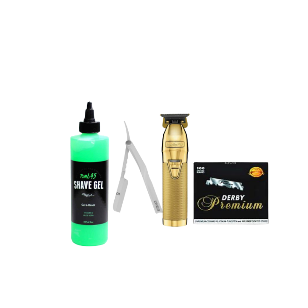 FX TRIMMER, LEVEL 3 MILLY RAZOR, TOMB45 SHAVE GEL, FREE PREMIUM DERBY RAZOR
