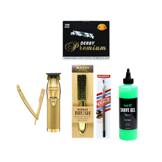 FX TRIMMER, MD STRAIGHT RAZOR, TOMB45 SHAVE GEL, DERBY RAZORS, BARBER PENCIL, GOLD BRUSH