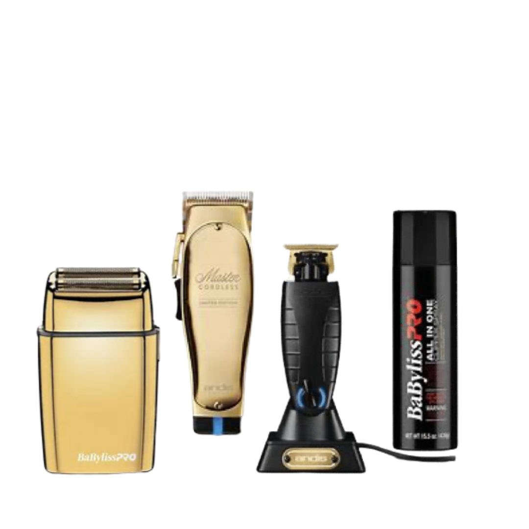 GOLD ANDIS MASTER, BABYLISS GOLD SHAVER, ANDIS CORDLESS GTX, BABYLISS DISINFECTANT.
